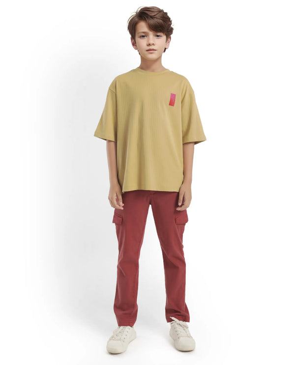 Rare Ones Kids Lest Mustard Cotton Half Sleeves Ribbed Crew Neck Graphic Back Print Oversized Fit T-Shirt