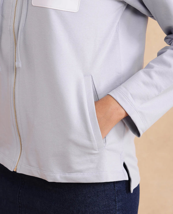Rareism Women Leth Light Blue Cotton Blend Fabric Full Sleeve Hooded Zipper Closure Relaxed Fit Plain Sweatshirt