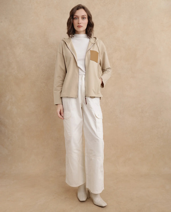 Rareism Women Leth Light Brown Cotton Blend Fabric Full Sleeve Hooded Zipper Closure Relaxed Fit Plain Sweatshirt