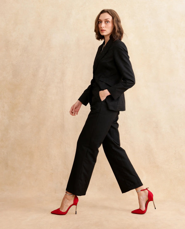 Rareism Women Levels Black Hook Closure Tapered Fit Ankle Length Plain Trouser