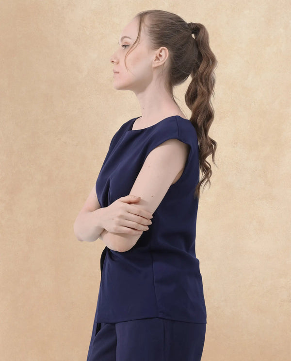 Rareism Women Leville-T Dark Blue Polyester Fabric Cap Sleeve Boat Neck Solid Short Top