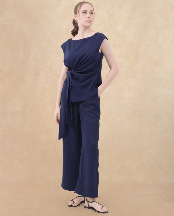 Rareism Women Leville-T Dark Blue Polyester Fabric Cap Sleeve Boat Neck Solid Short Top