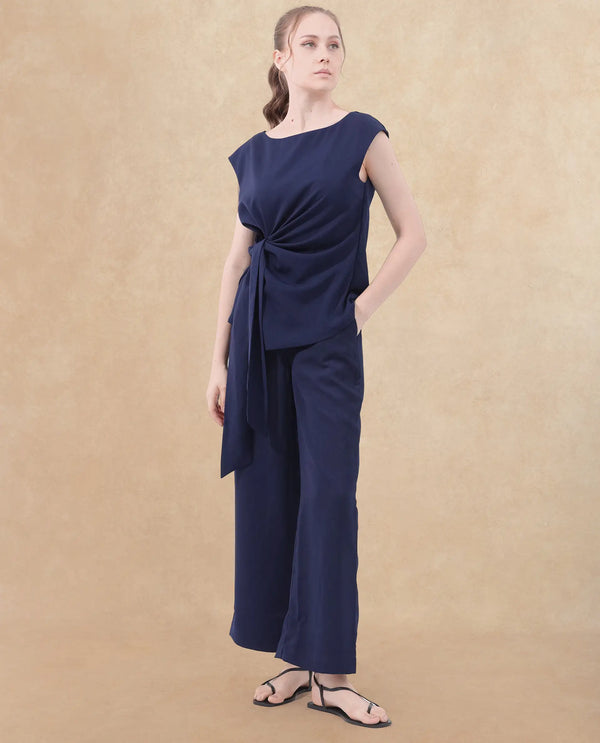 Rareism Women Leville-B Dark Blue Polyester Fabric Regular Length Trouser