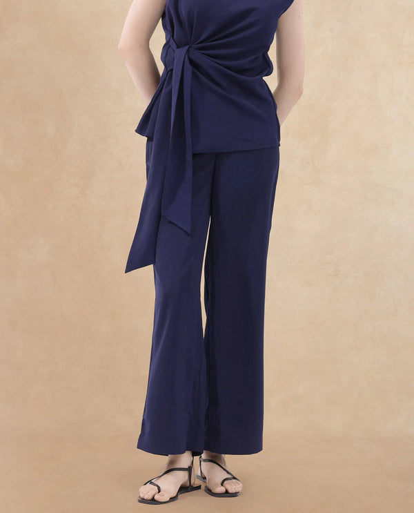 Rareism Women Leville-B Dark Blue Polyester Fabric Regular Length Trouser