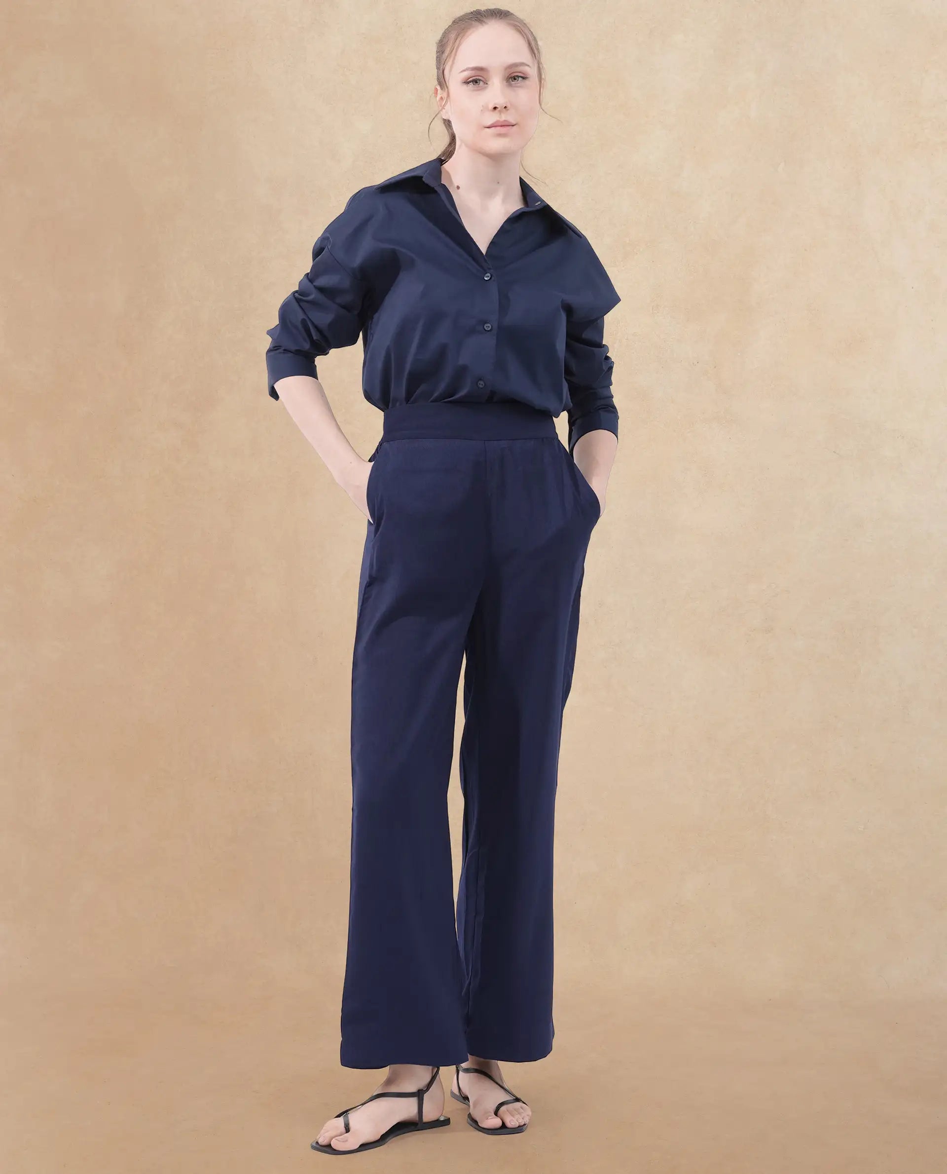 Rareism Women Leville-B Dark Blue Polyester Fabric Regular Length Trouser