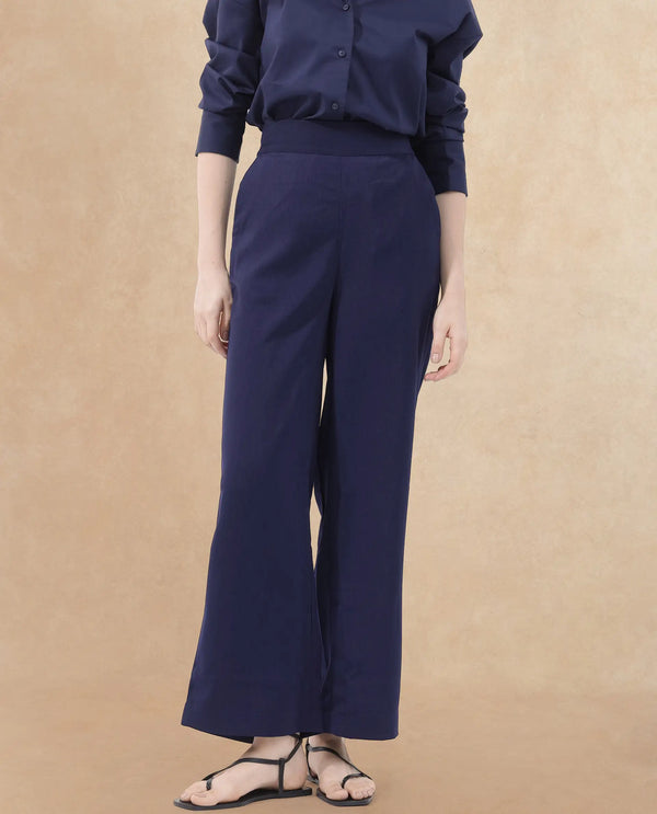 Rareism Women Leville-B Dark Blue Polyester Fabric Regular Length Trouser