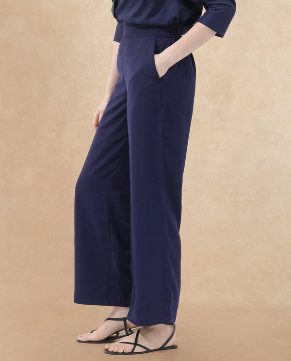 Rareism Women Leville-B Dark Blue Polyester Fabric Regular Length Trouser