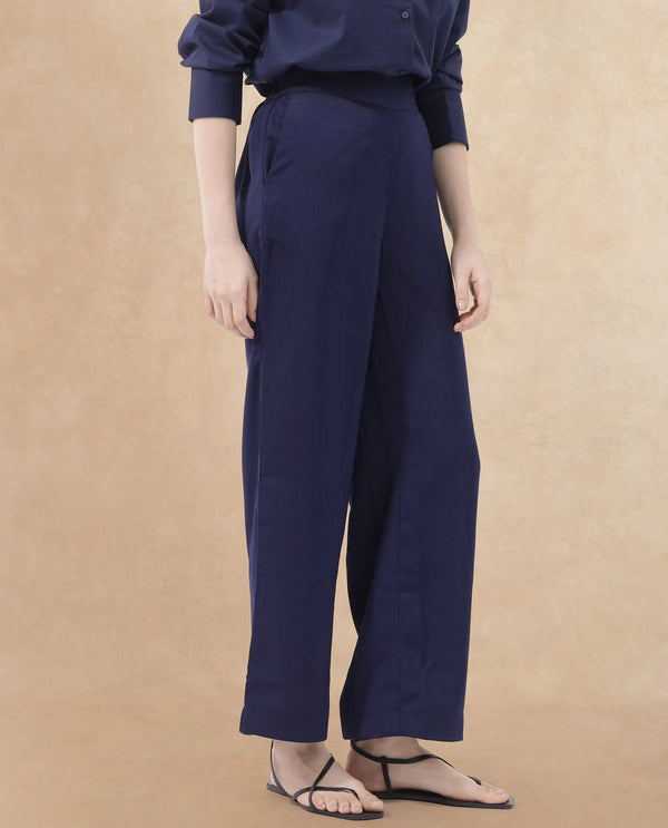 Rareism Women Leville-B Dark Blue Polyester Fabric Regular Length Trouser