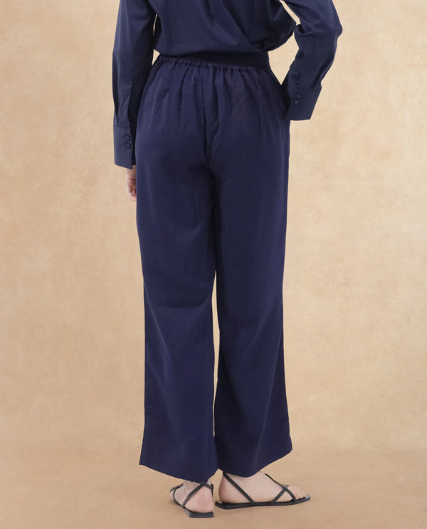 Rareism Women Leville-B Dark Blue Polyester Fabric Regular Length Trouser
