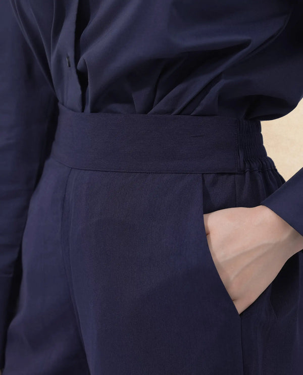 Rareism Women Leville-B Dark Blue Polyester Fabric Regular Length Trouser