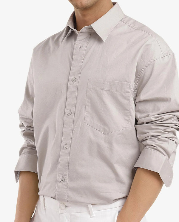 Rare Rabbit Men Lewi Light Grey Cotton Lycra Fabric Full Sleeve Regular Collar Boxy Fit Plain Shirt