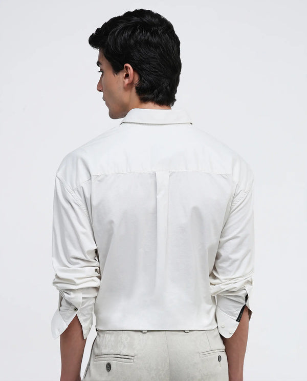 Rare Rabbit Men Lewi Off White Cotton Lycra Fabric Full Sleeve Regular Collar Boxy Fit Plain Shirt