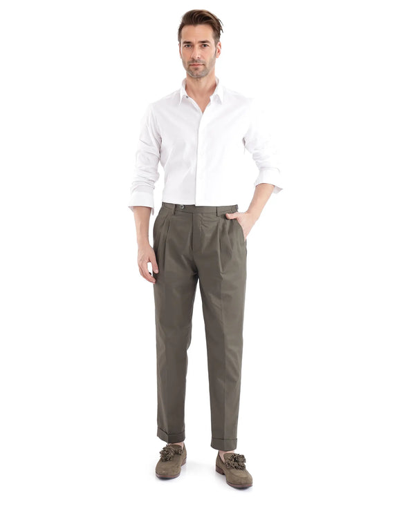 Rare Rabbit Men Lewit Olive Cotton Fabric Adjustable Waistband Pleated Regular Fit Solid Trouser