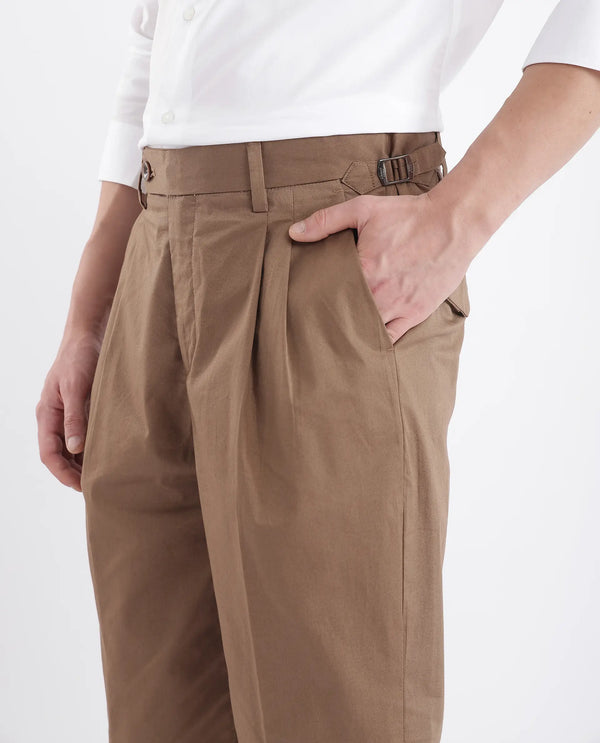 Rare Rabbit Men Lewit Khaki Cotton Fabric Adjustable Waistband Pleated Regular Fit Solid Trouser