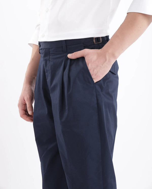Rare Rabbit Men Lewit Navy Cotton Fabric Adjustable Waistband Pleated Regular Fit Solid Trouser