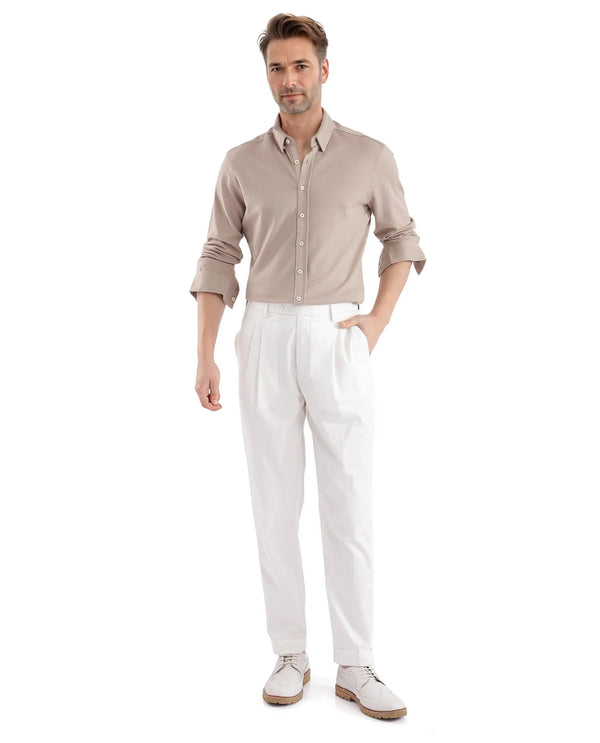 Rare Rabbit Men Lewit Off White Cotton Fabric Adjustable Waistband Pleated Regular Fit Solid Trouser
