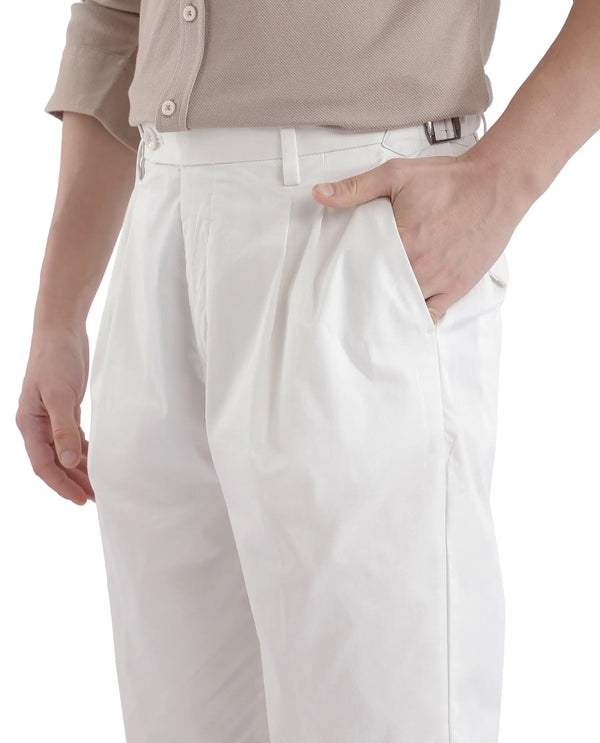 Rare Rabbit Men Lewit Off White Cotton Fabric Adjustable Waistband Pleated Regular Fit Solid Trouser