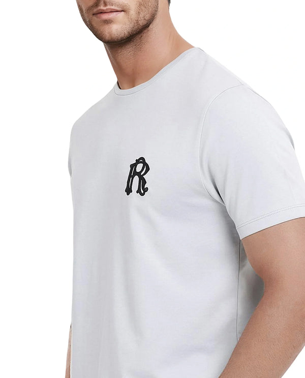 Rare Rabbit Men Lex Light Grey Cotton Polyester Fabric Short Sleeve Crew Neck Oversized Fit Embroidery Logo T-Shirt