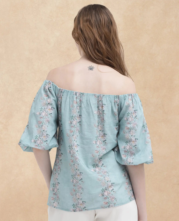 Rareism Women Leyan Dusky Blue Cotton Fabric Balloon Sleeves Boat Neck Tie Up Closure Floral Print Relaxed Fit Top