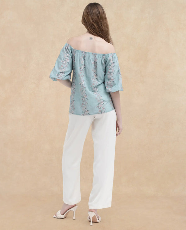 Rareism Women Leyan Dusky Blue Cotton Fabric Balloon Sleeves Boat Neck Tie Up Closure Floral Print Relaxed Fit Top