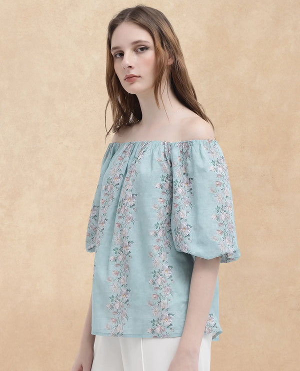 Rareism Women Leyan Dusky Blue Cotton Fabric Balloon Sleeves Boat Neck Tie Up Closure Floral Print Relaxed Fit Top