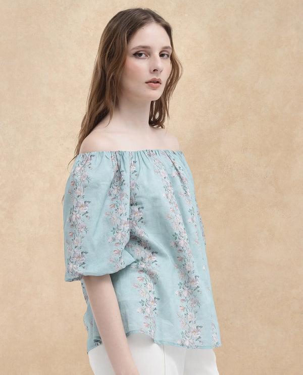 Rareism Women Leyan Dusky Blue Cotton Fabric Balloon Sleeves Boat Neck Tie Up Closure Floral Print Relaxed Fit Top