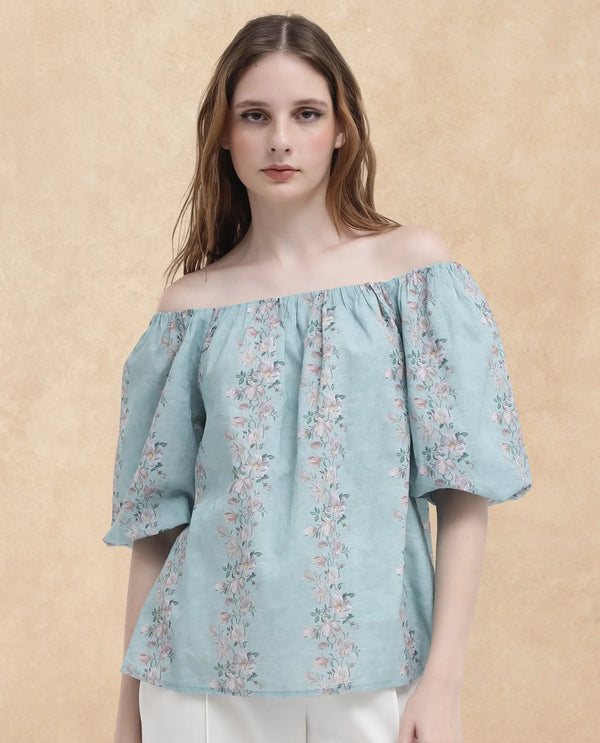 Rareism Women Leyan Dusky Blue Cotton Fabric Balloon Sleeves Boat Neck Tie Up Closure Floral Print Relaxed Fit Top