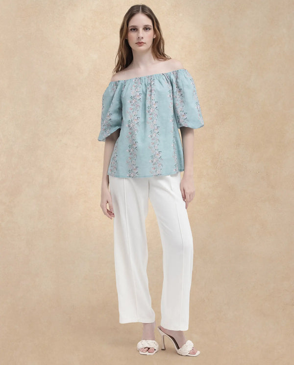 Rareism Women Leyan Dusky Blue Cotton Fabric Balloon Sleeves Boat Neck Tie Up Closure Floral Print Relaxed Fit Top