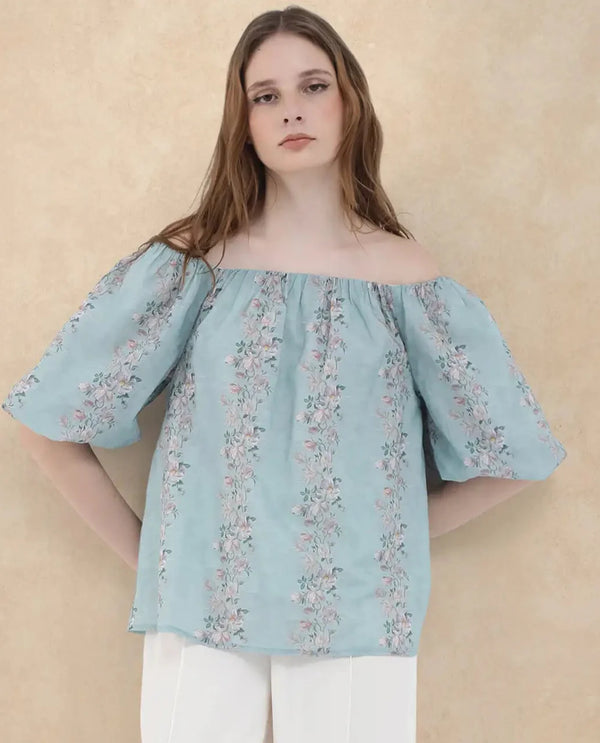 Rareism Women Leyan Dusky Blue Cotton Fabric Balloon Sleeves Boat Neck Tie Up Closure Floral Print Relaxed Fit Top