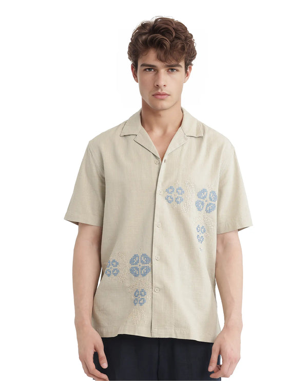 Rare Rabbit Men's Liam Olive Cotton Blend Fabric Half Sleeve Cuban Collar Boxy Fit Embroidered Shirt