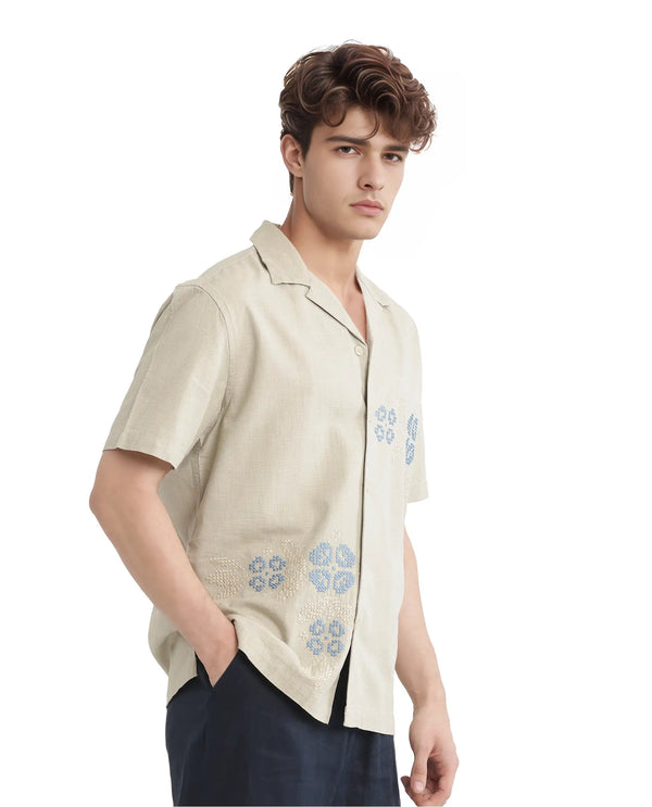 Rare Rabbit Men's Liam Olive Cotton Blend Fabric Half Sleeve Cuban Collar Boxy Fit Embroidered Shirt