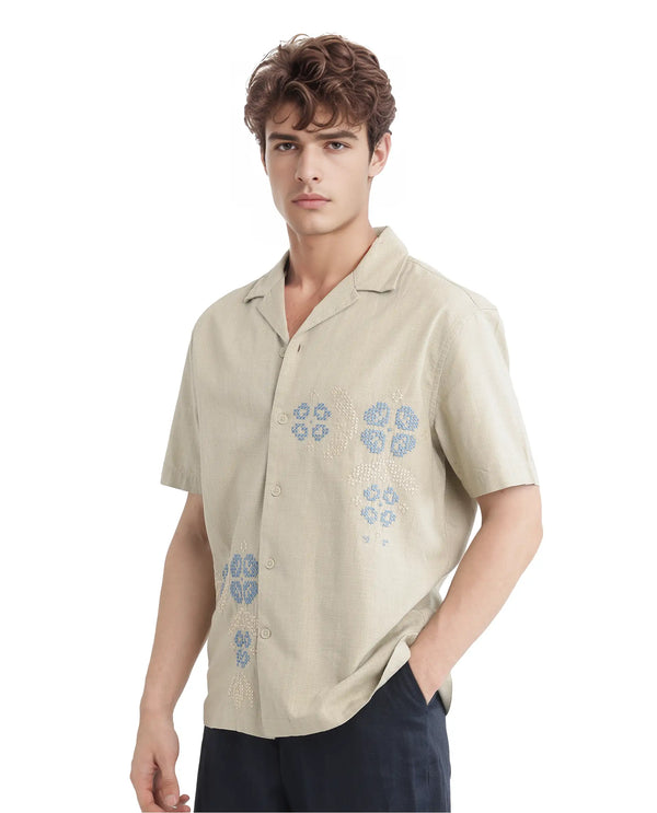 Rare Rabbit Men's Liam Olive Cotton Blend Fabric Half Sleeve Cuban Collar Boxy Fit Embroidered Shirt