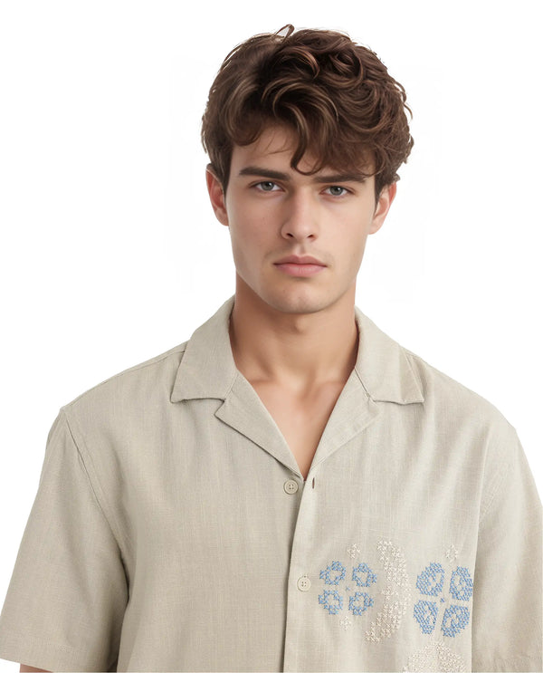 Rare Rabbit Men's Liam Olive Cotton Blend Fabric Half Sleeve Cuban Collar Boxy Fit Embroidered Shirt