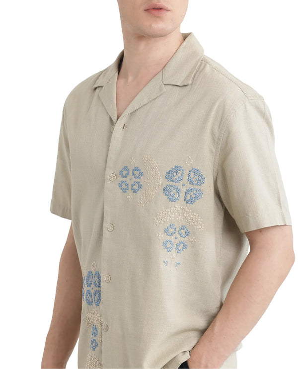 Rare Rabbit Men's Liam Olive Cotton Blend Fabric Half Sleeve Cuban Collar Boxy Fit Embroidered Shirt