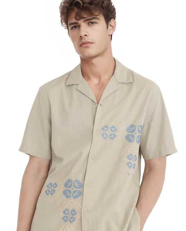 Rare Rabbit Men's Liam Olive Cotton Blend Fabric Half Sleeve Cuban Collar Boxy Fit Embroidered Shirt