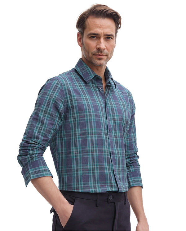 Rare Rabbit Men's Libya Turq Cotton Fabric Full Sleeve Regular Collar Checks Shirt