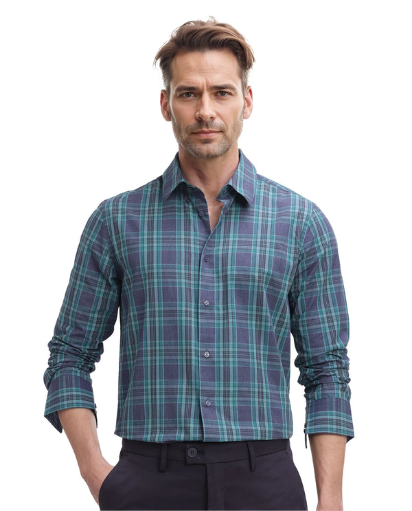 Rare Rabbit Men's Libya Turq Cotton Fabric Full Sleeve Collared Neck Checks Shirt