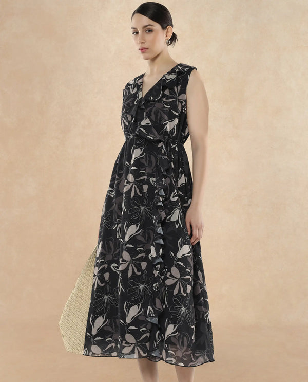 Rareism Women's Licia Black Cotton Blend Fabric Overlap Neck Tie-Up Closure Sleeveless Floral Print A-Line Maxi Dress