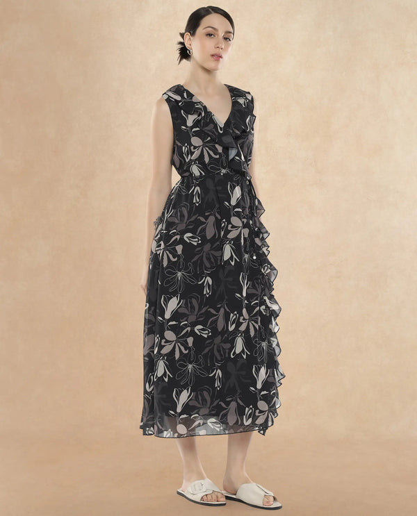 Rareism Women's Licia Black Cotton Blend Fabric Overlap Neck Tie-Up Closure Sleeveless Floral Print A-Line Maxi Dress