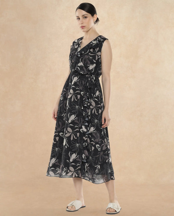 Rareism Women's Licia Black Cotton Blend Fabric Overlap Neck Tie-Up Closure Sleeveless Floral Print A-Line Maxi Dress