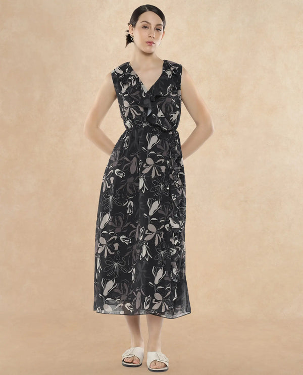 Rareism Women's Licia Black Cotton Blend Fabric Overlap Neck Tie-Up Closure Sleeveless Floral Print A-Line Maxi Dress