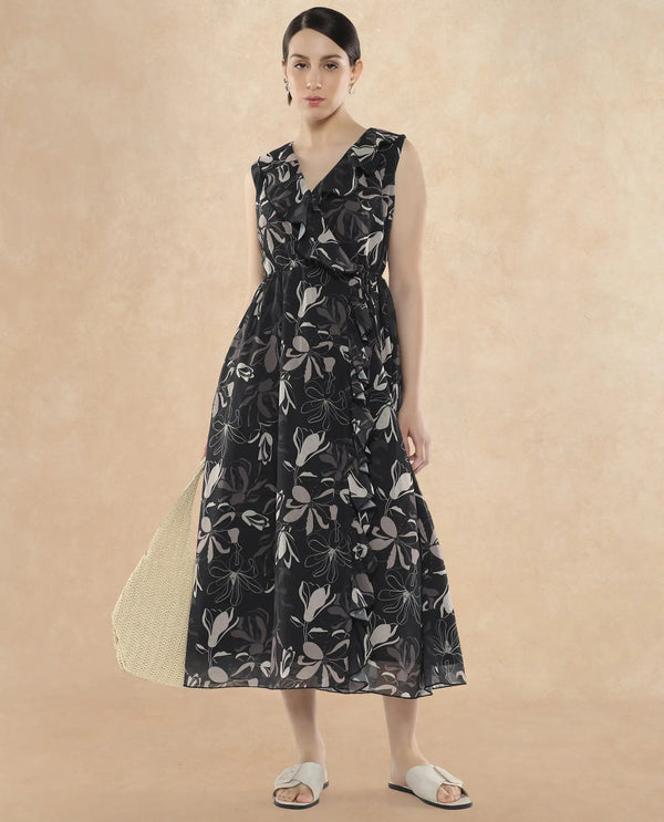 Rareism Women's Licia Black Cotton Blend Fabric Overlap Neck Tie-Up Closure Sleeveless Floral Print A-Line Maxi Dress