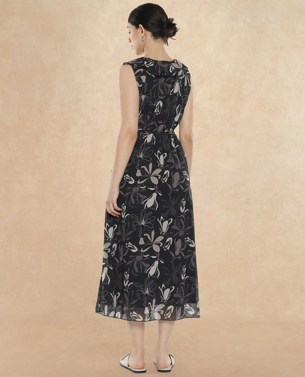 Rareism Women's Licia Black Cotton Blend Fabric Overlap Neck Tie-Up Closure Sleeveless Floral Print A-Line Maxi Dress