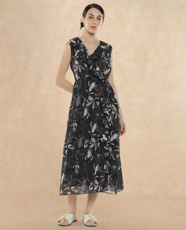 Rareism Women's Licia Black Cotton Blend Fabric Overlap Neck Tie-Up Closure Sleeveless Floral Print A-Line Maxi Dress