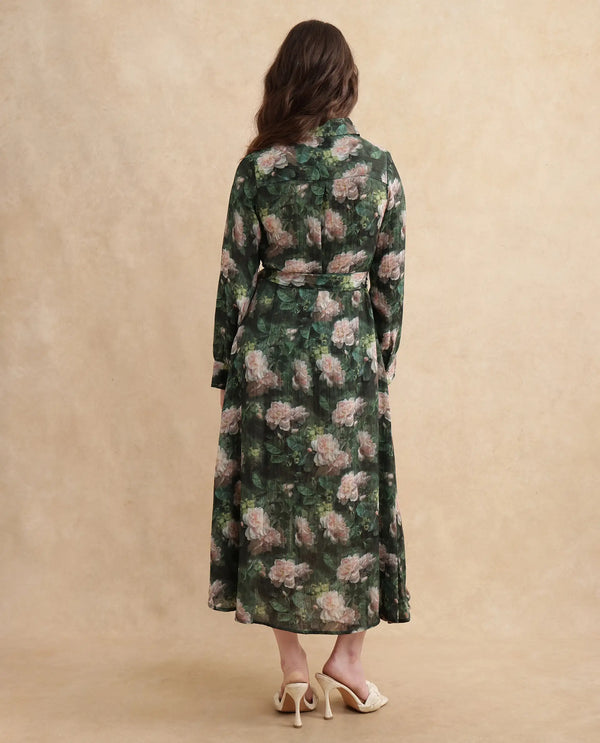 Rareism Women Lika Dark Green Full Sleeves Tie-Up Neck Button Closure Flared Fit Midi Floral Print Dress