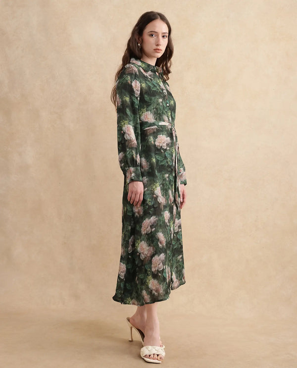 Rareism Women Lika Dark Green Full Sleeves Tie-Up Neck Button Closure Flared Fit Midi Floral Print Dress