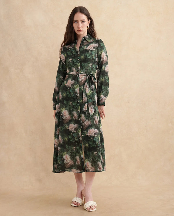 Rareism Women Lika Dark Green Full Sleeves Tie-Up Neck Button Closure Flared Fit Midi Floral Print Dress