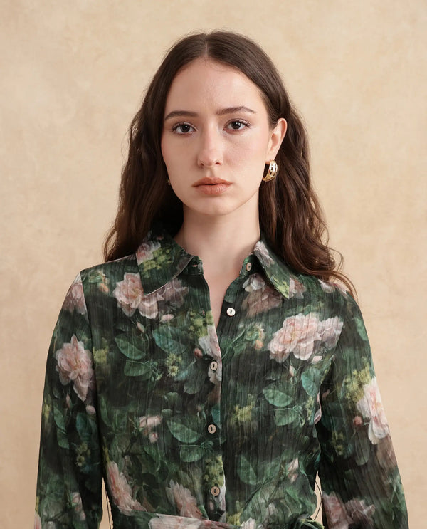 Rareism Women Lika Dark Green Full Sleeves Tie-Up Neck Button Closure Flared Fit Midi Floral Print Dress