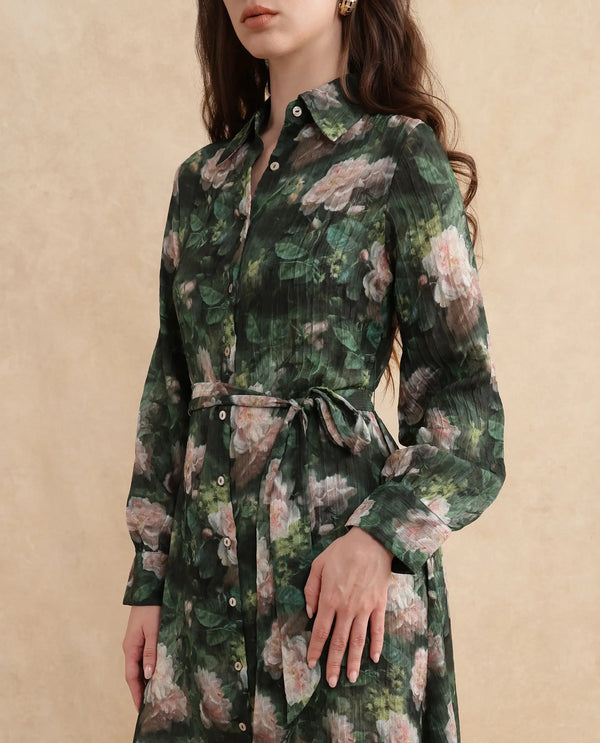 Rareism Women Lika Dark Green Full Sleeves Tie-Up Neck Button Closure Flared Fit Midi Floral Print Dress