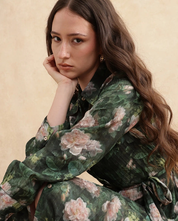 Rareism Women Lika Dark Green Full Sleeves Tie-Up Neck Button Closure Flared Fit Midi Floral Print Dress